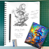 Pencil sketch of a raccoon wearing a wizard hat and the finished, full-color greeting card at the bottom