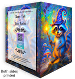 Opened front and back of a Colorful greeting card of a raccoon wearing a wizard hat and carrying a wand with a psychedelic background created by Primal Painter. 