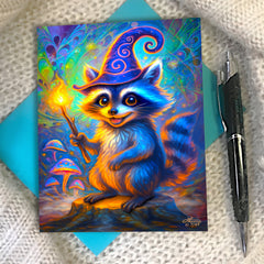 Colorful greeting card of a raccoon wearing a wizard hat and carrying a wand with a psychedelic background created by Primal Painter. 