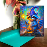 Colorful greeting card of a raccoon wearing a wizard hat and carrying a wand with a psychedelic background created by Primal Painter. 