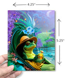 Dimensions of a whimsical greeting card with a frog holding a drink, while lounging on a flowered chair next to  on a textured surface. pond.  Created by Primal Painter. 