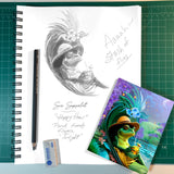 Pencil sketch of a frog holding a drink and lounging on a flowered leaf, with the finished full color greeting card below it