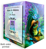 Opened front and back whimsical greeting card with a frog holding a drink, while lounging on a flowered chair next to  on a textured surface. pond.  Created by Primal Painter. 