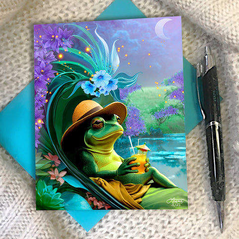 Whimsical greeting card with a frog holding a drink, while lounging on a flowered chair next to  on a textured surface. pond.  Created by Primal Painter. 