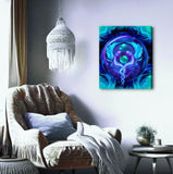 A stretched canvas art print by Primal Painter featuring blue and purple hues with a circular design, depicting two twin flame angels intertwined with the, set against a turquoise background. Hanging above a chair