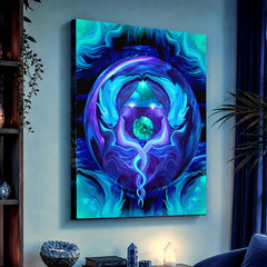 A stretched canvas art print by Primal Painter featuring blue and purple hues with a circular design, depicting two twin flame angels intertwined with the, set against a turquoise background. Hanging on a blue wall