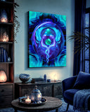 A stretched canvas art print by Primal Painter featuring blue and purple hues with a circular design, depicting two twin flame angels intertwined with the, set against a turquoise background. Hanging on a blue wall in a blue living room