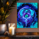 A stretched canvas art print by Primal Painter featuring blue and purple hues with a circular design, depicting two twin flame angels intertwined with the, set against a turquoise background. Hanging above a shelf