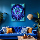 A stretched canvas art print by Primal Painter featuring blue and purple hues with a circular design, depicting two twin flame angels intertwined with the, set against a turquoise background. Hanging above a blue couch on a blue wall