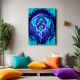 A stretched canvas art print by Primal Painter featuring blue and purple hues with a circular design, depicting two twin flame angels intertwined with the, set against a turquoise background. Hanging above a meditation bench