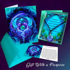 Twin flames necklace and greeting card gift set with an information card with symbolism by Primal Painter. 