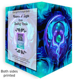 Spread open front and back view of a greeting card featuring twin flame art by Primal Painter with text on the back