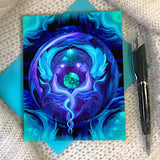 Blue twin flames artwork by Primal Painter as a greeting card with blue envelope