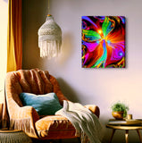 Stretched canvas print featuring a colorful, abstract design with a central red angel figure, titled ''Power of Touch' by Primal Painter.