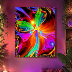 Stretched canvas print featuring a colorful, abstract design with a central red angel figure, titled 'Power of Touch by Primal Painter. Hanging on a red violet wall