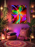 Stretched canvas print featuring a colorful, abstract design with a central red angel figure, titled 'Power of Touch by Primal Painter. Hanging in a boho red room