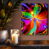 Stretched canvas print featuring a colorful, abstract design with a central red angel figure, titled ''Power of Touch' by Primal Painter.