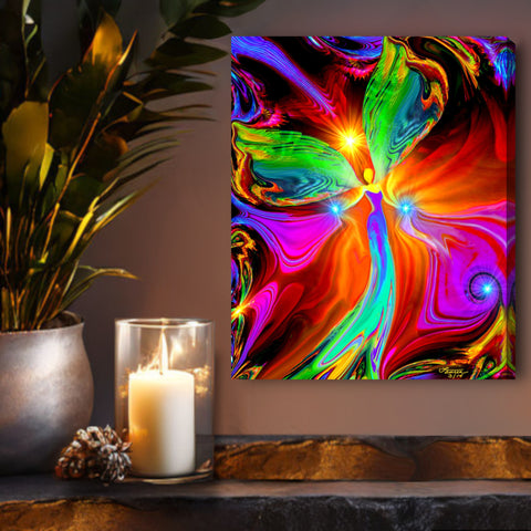 Stretched canvas print featuring a colorful, abstract design with a central red angel figure, titled ''Power of Touch' by Primal Painter.