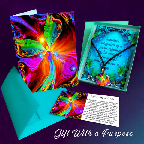 3 piece red angel art necklace gift with matching greeting card and message card, gift box
