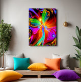 Stretched canvas print featuring a colorful, abstract design with a central red angel figure, titled ''Power of Touch' by Primal Painter.