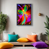 Visionary art print by Primal Painter featuring a green angel with large wings holding orbs with a colorful swirling red abstract background. Framed hanging over a meditation space with colorful pilows