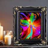 Visionary art print by Primal Painter featuring a green angel with large wings holding orbs with a colorful swirling red abstract background. Framed on a shelf with candles