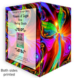 Spread back and front view of a greeting card featuring red angel art by Primal Painter, text on the back