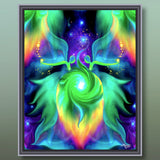 Framed artwork of psychedelic twin flame angels depicted on either side of a heart chakra vortex of energy. 