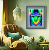 Framed artwork of psychedelic twin flame angels depicted on either side of a heart chakra vortex of energy on a wall hanging over a chair. 