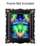 Framed artwork of psychedelic twin flame angels depicted on either side of a heart chakra vortex of energy. 