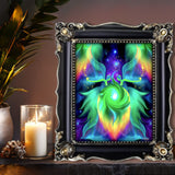 Psychedelic twin flame angel artwork  depicted on either side of a heart chakra vortex of energy called Heart Connection by Primal Painter. Framed on a shelf with candles
