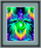 Psychedelic twin flame angel artwork  depicted on either side of a heart chakra vortex of energy called Heart Connection by Primal Painter. Matted and framed