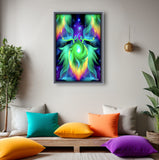 Framed artwork of psychedelic twin flame angels depicted on either side of a heart chakra vortex of energy hanging on a wall over a meditation bench with pillows
