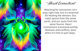 Psychedelic twin flame angel artwork  depicted on either side of a heart chakra vortex of energy called Heart Connection by Primal Painter. Text describing symbolism
