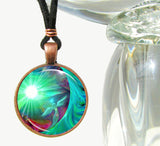 Green crescent moon with angel and starburst necklace