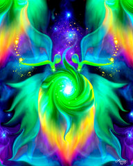 Psychedelic twin flame angel artwork  depicted on either side of a heart chakra vortex of energy called Heart Connection by Primal Painter. 