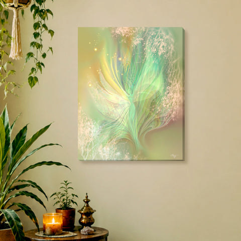 A canvas print featuring abstract ethereal art with green and purple hues, symbolic of spirituality and energy by Primal Painter. Hanging on an ochre wall with plants.