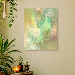 A canvas print featuring abstract ethereal art with green and purple hues, symbolic of spirituality and energy by Primal Painter. Hanging on an ochre wall with plants.