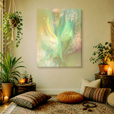 A canvas print featuring abstract ethereal art with green and purple hues, symbolic of spirituality and energy by Primal Painter. Hanging on an ochre meditation space with pillows and plants