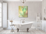Energy art canvas print by Primal Painter entitled "Higher Self" of an abstract feminine angel with subtle wings in pastel green, yellow, and peach pastel colors in a white bathroom