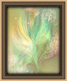 Energy art by Primal Painter entitled "Higher Self" of an abstract feminine angel with subtle wings in pastel green, yellow, and peach pastel colors in a tan frame