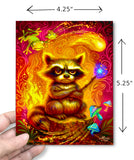 Dimensions of a Colorful greeting card with an illustration of a grumpy raccoon with his tail on fire and holding a wand shooting fireballs, created by Primal Painter