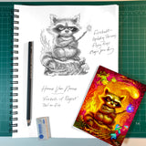 Pencil sketch of a grumpy raccoon with his tail on fire, some written notes, and the finished full-color greeting card on the bottom.