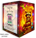 Front and back of a Colorful greeting card with an illustration of a grumpy raccoon with his tail on fire and holding a wand shooting fireballs, created by Primal Painter