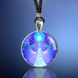 Handmade round necklace featuring metaphysical art print of a violet angel under a blue starburst and sealed under glass