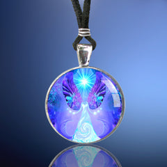 Handmade round necklace featuring metaphysical art print by Primal painter of a violet angel under a blue starburst and sealed under glass