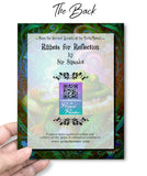 The back of a colorful greeting card featuring a frog soaking in a mushroom hot tub surrounded by swirling flowers and foliage, created by Primal Painter.