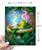 Dimensions of a colorful greeting card featuring a frog soaking in a mushroom hot tub surrounded by swirling flowers and foliage, created by Primal Painter.