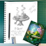 A pencil sketch of a frog soaking in a mushroom hot tub with the finished full color greeting card on the bottom.