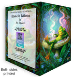 Open front and back of a colorful greeting card featuring a frog soaking in a mushroom hot tub surrounded by swirling flowers and foliage, created by Primal Painter.